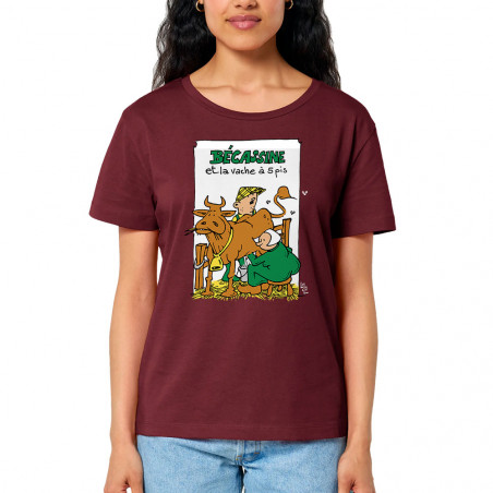 T-shirt femme col large coton bio bordeaux Bécassine et la vache à 5 pis (Laul,Animaux,Humour)