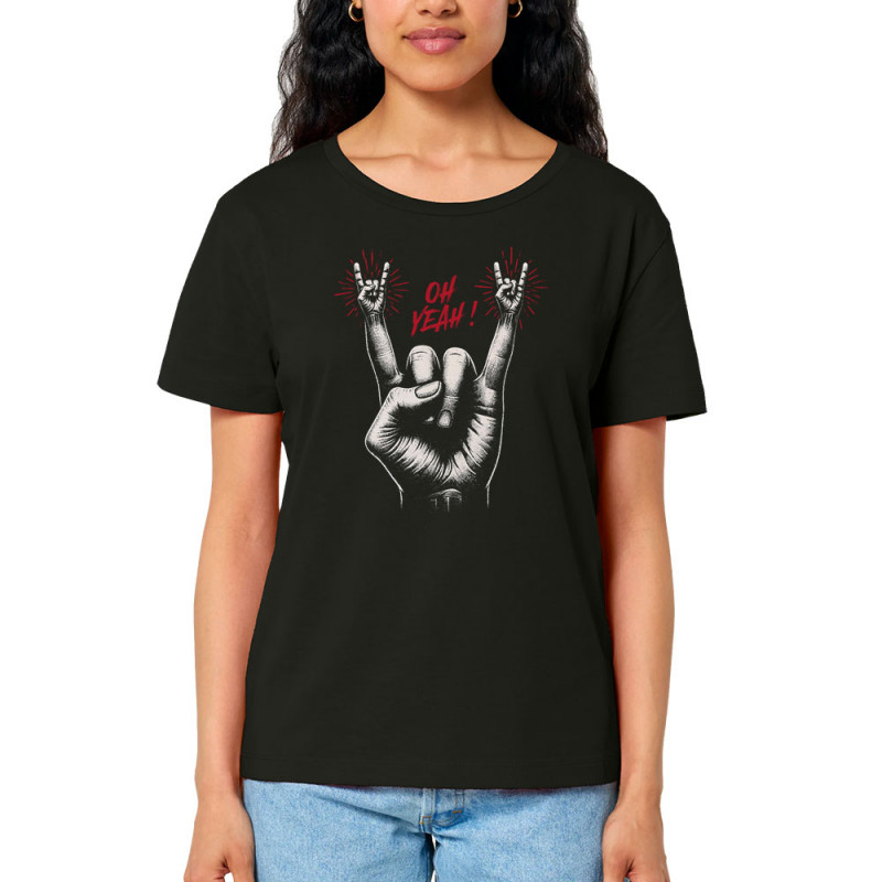 T-shirt femme col large coton bio noir Oh Yeah (Ted Boundy,Rock & Punk)