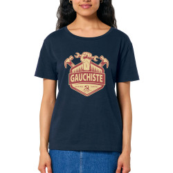 T-shirt femme col large coton bio bleu marine Gauchiste entreprise familiale (Andy,Slogans Débiles)