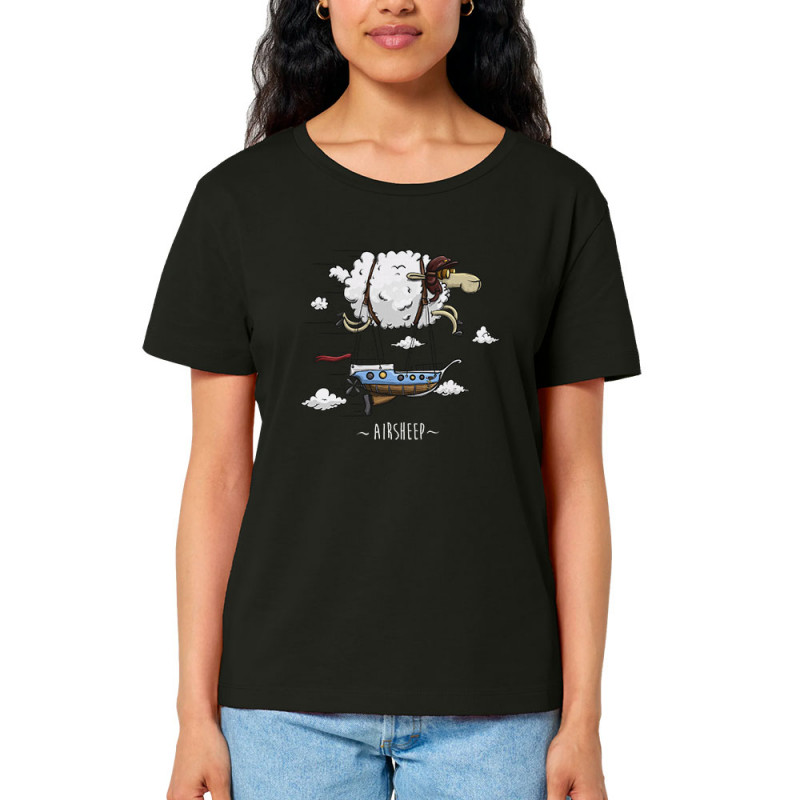 T-shirt femme col large coton bio noir Airsheep (Mr Mouton,Animaux)
