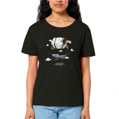 T-shirt femme col large coton bio noir Airsheep (Mr Mouton,Animaux)