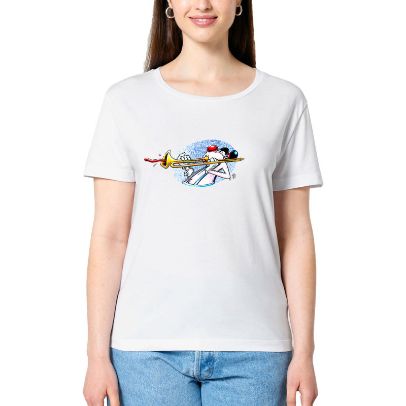 T-shirt femme col large coton bio blanc Trombone (Laul,Humour)