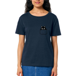 T-shirt femme col large coton bio bleu marine Un chat dans la poche (Gondrax,Animaux,Chats)