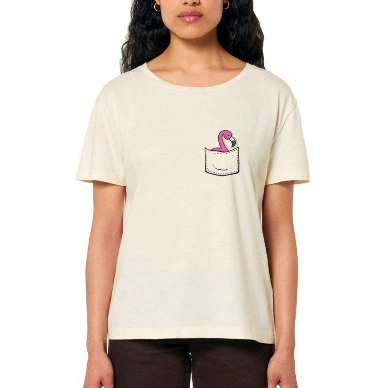 T-shirt femme col large coton bio naturel Un flamand rose dans la poche (Gondrax,Animaux)