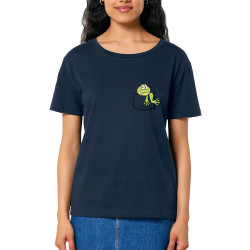 T-shirt femme col large coton bio bleu marine Une grenouille dans la poche (Gondrax,Animaux)