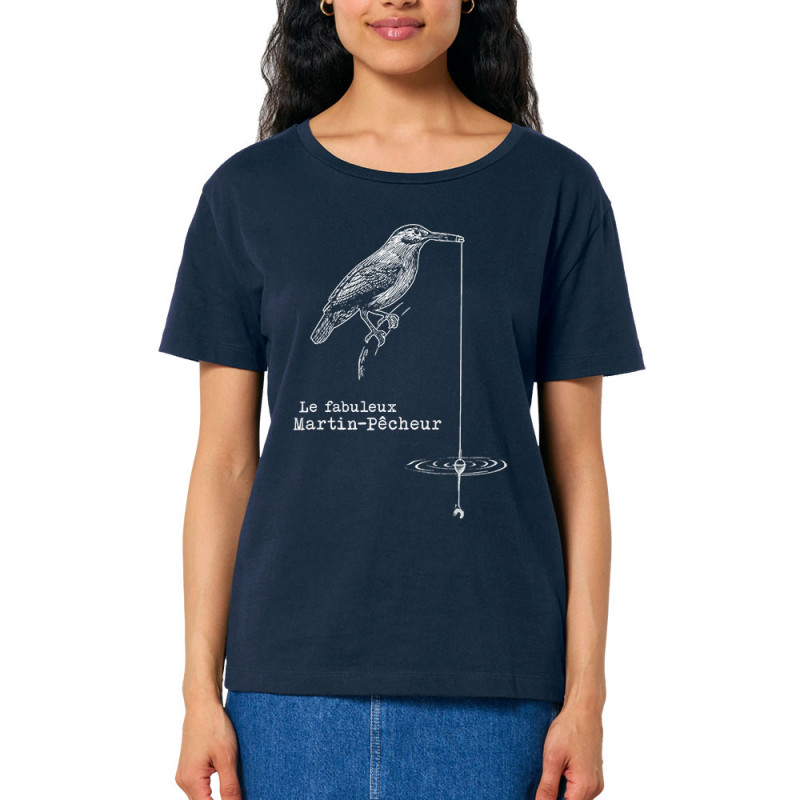 T-shirt femme col large coton bio bleu marine Le fabuleux Martin-pêcheur (Gondrax,Les Bébêtes,Animaux)