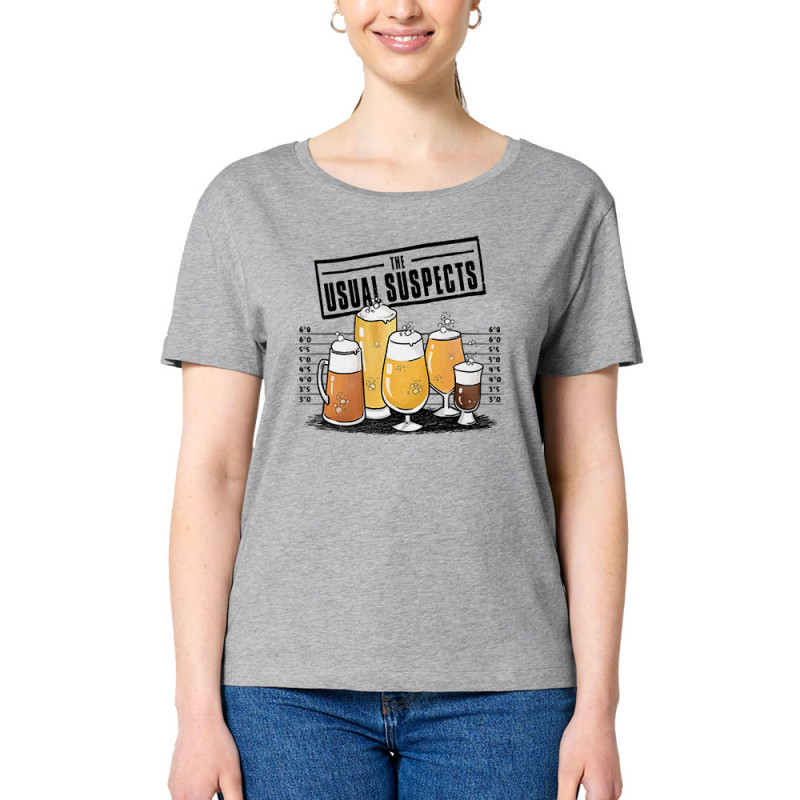 T-shirt femme col large coton bio gris chiné Usual Suspects Beer (Gondrax,Alcool,Détournements)