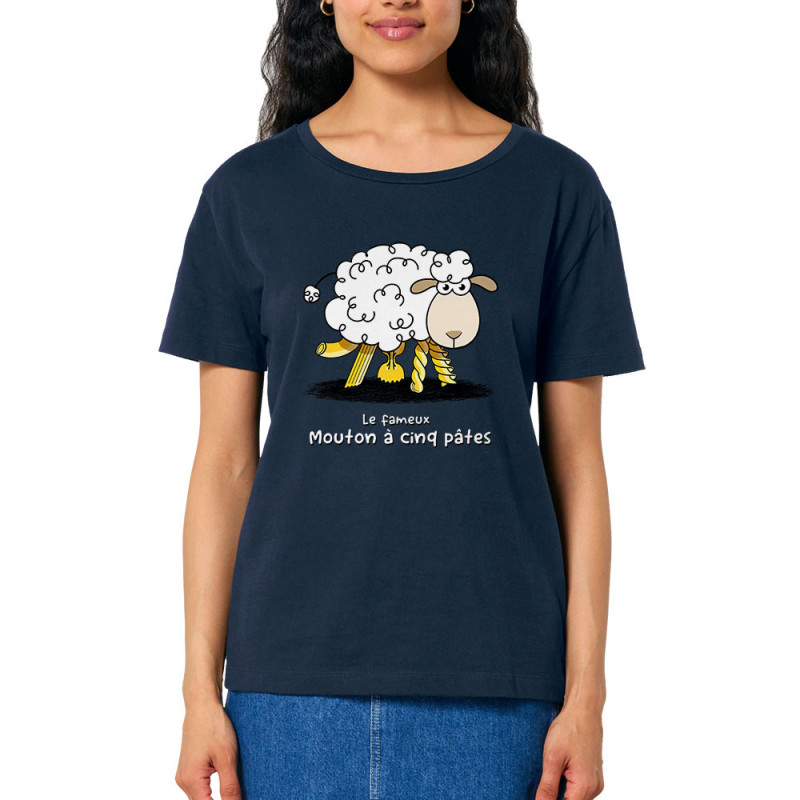 T-shirt femme col large coton bio bleu marine Le fameux mouton à cinq pâtes (Gondrax,Animaux,Humour)