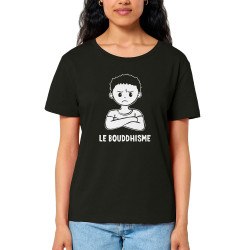 T-shirt femme col large coton bio noir Le Bouddhisme Garçon (Gondrax,Humour)