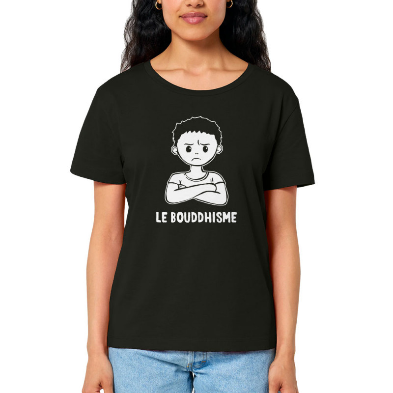 T-shirt femme col large coton bio noir Le Bouddhisme Garçon (Gondrax,Humour)