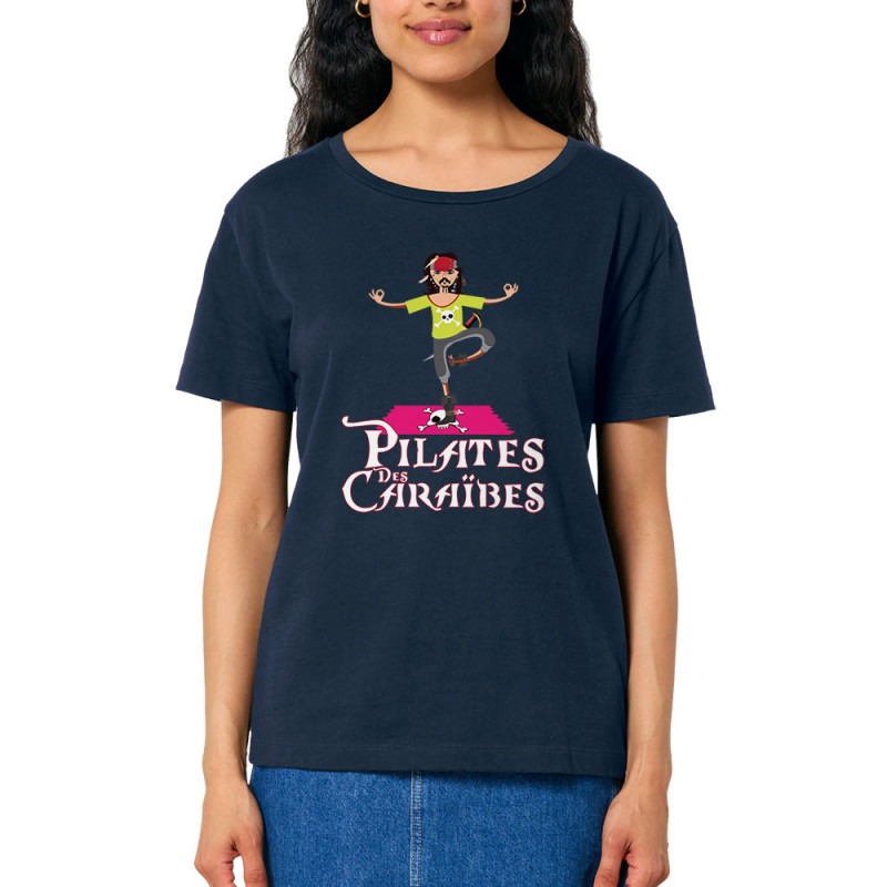 T-shirt femme col large coton bio bleu marine Pilates des Caraïbes (Andy,Humour)