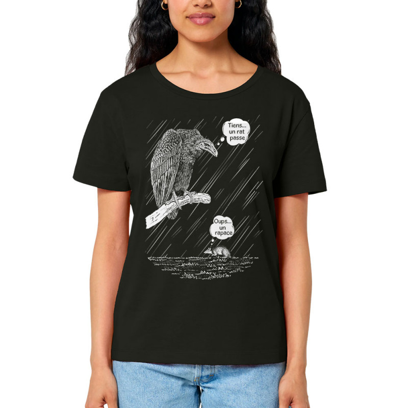 T-shirt femme col large coton bio noir Un rat passe (Gondrax,Les Bébêtes,Animaux)