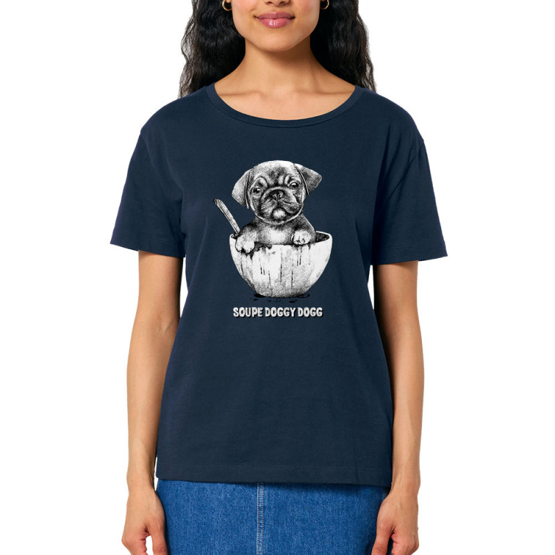 T-shirt femme col large coton bio bleu marine Soupe Doggy Dog (Gondrax,Animaux,Humour)