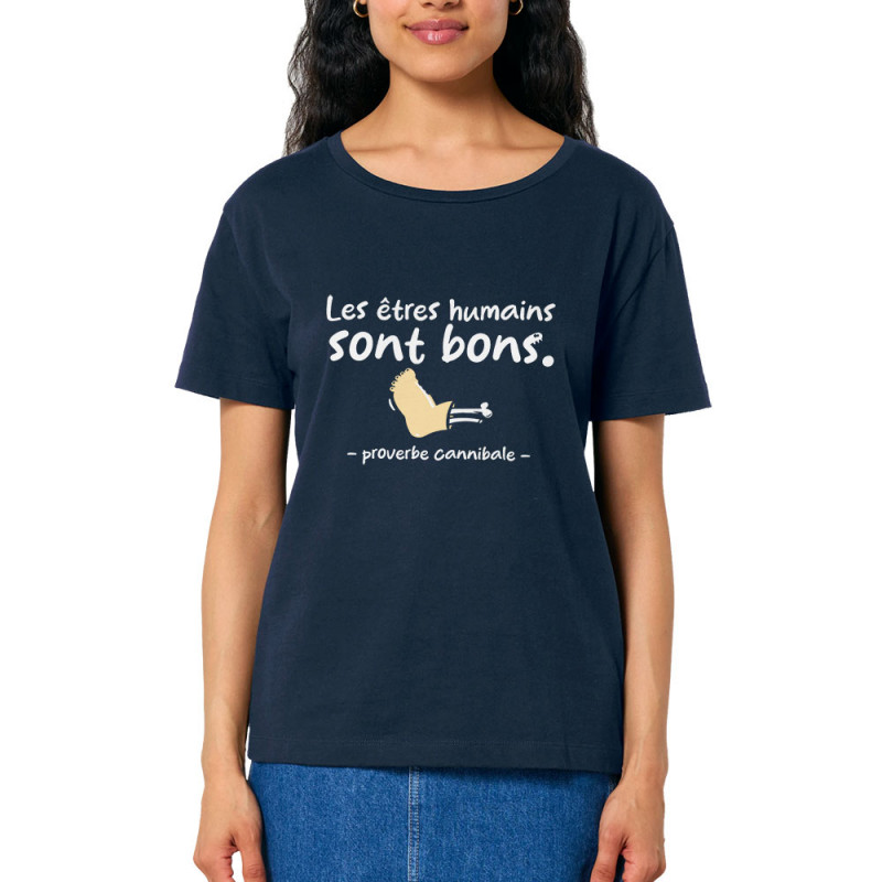 T-shirt femme col large coton bio bleu marine Proverbe cannibal (Zewa,Humour)