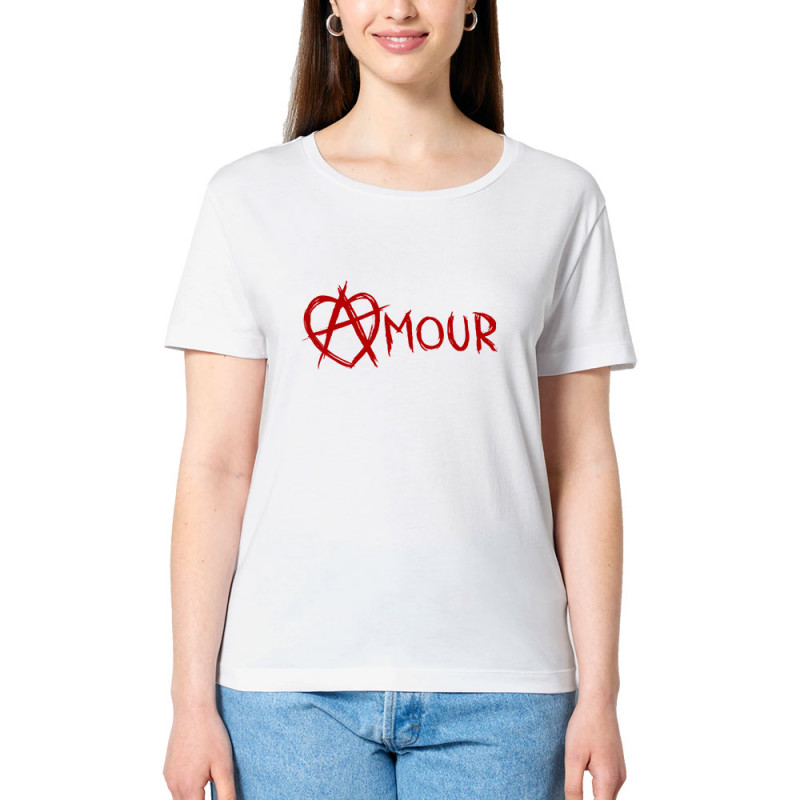 T-shirt femme col large coton bio blanc Amour Anarchie (Le Duc,Slogans Débiles)