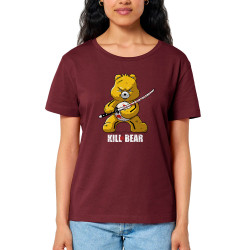 T-shirt femme col large coton bio bordeaux Killer Bear (Le Duc,Animaux,Détournements)