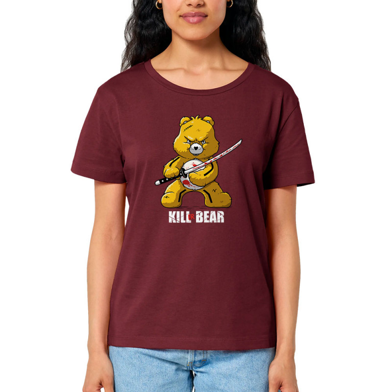 T-shirt femme col large coton bio bordeaux Killer Bear (Le Duc,Animaux,Détournements)