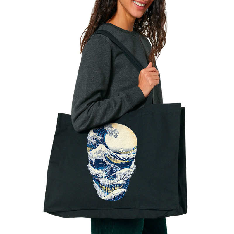Grand sac shopping en toile recyclé noir Hokusai Wave Skull (Têtes de morts,Amazon,Hokusaï,Musée)