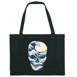 Grand sac shopping en toile recyclé noir Hokusai Wave Skull (Têtes de morts,Amazon,Hokusaï,Musée)