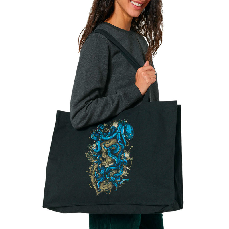 Grand sac shopping en toile recyclé noir Santa Muerte - Octopus Skull (Santa Muerte,Têtes de morts,Animaux)