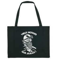 Grand sac shopping en toile recyclé noir Vieux motard que jamais (Gondrax,Humour,Moto,Slogans Débiles)