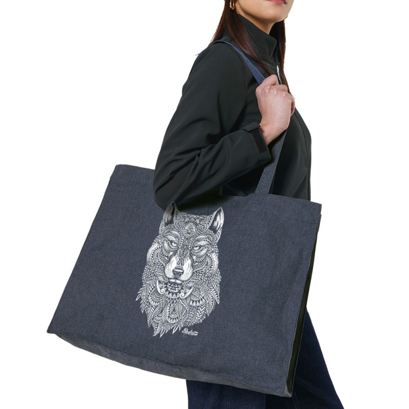 Grand sac shopping en toile recyclé bleu nuit Bad River - The Wolf (Taïry Greene,Bad River,Animaux)