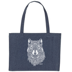 Grand sac shopping en toile recyclé bleu nuit Bad River - The Wolf (Taïry Greene,Bad River,Animaux)