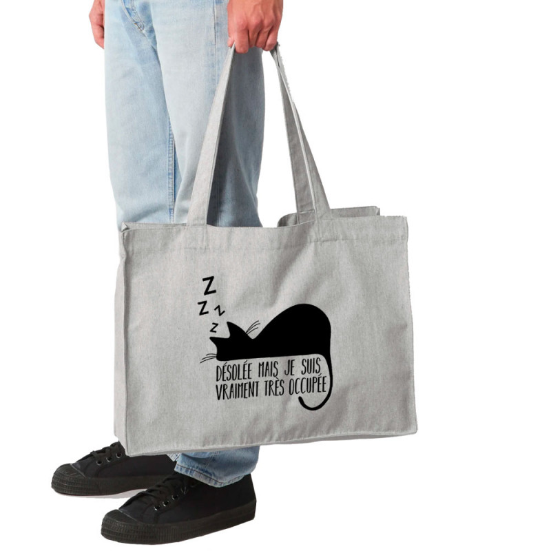 Grand sac shopping en toile recyclé gris chiné Désolée mais je suis très occupée (Gondrax,Animaux,Humour,Chats,Paresse)