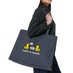 Grand sac shopping en toile recyclé bleu nuit Conflit de canards (Animaux,Humour,El Zorro)
