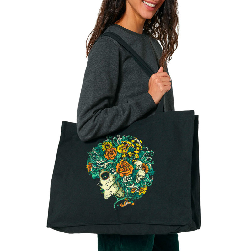 Grand sac shopping en toile recyclé noir Santa Muerte - Flourish Dead Girl (Santa Muerte,Têtes de morts)