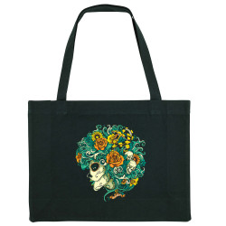 Grand sac shopping en toile recyclé noir Santa Muerte - Flourish Dead Girl (Santa Muerte,Têtes de morts)