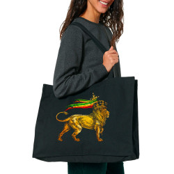 Grand sac shopping en toile recyclé noir Rasta Lion (Animaux,Reggae)