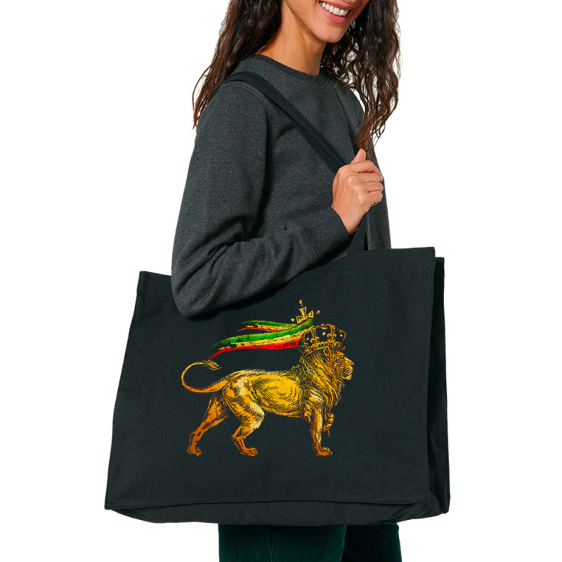 Grand sac shopping en toile recyclé noir Rasta Lion (Animaux,Reggae)
