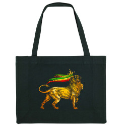 Grand sac shopping en toile recyclé noir Rasta Lion (Animaux,Reggae)