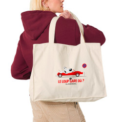 Grand sac shopping en toile recyclé naturel Le Loup se gare où (Pandaluna,Animaux,Humour)