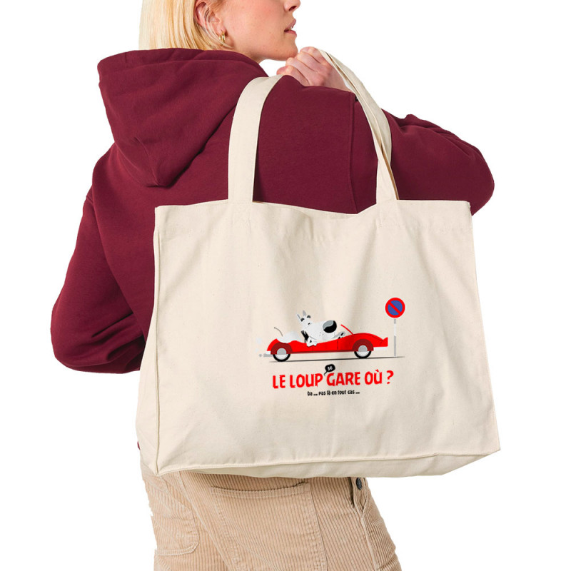 Grand sac shopping en toile recyclé naturel Le Loup se gare où (Pandaluna,Animaux,Humour)