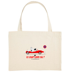 Grand sac shopping en toile recyclé naturel Le Loup se gare où (Pandaluna,Animaux,Humour)
