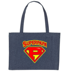 Grand sac shopping en toile recyclé bleu nuit Super Papa (Gondrax,Slogans Débiles,Humour,Fête des pères,Détournements,Papa Maman