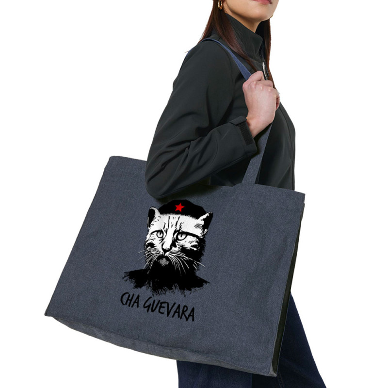 Grand sac shopping en toile recyclé bleu nuit Cha Guevara (Animaux,Humour,Chats,Les Bébêtes)