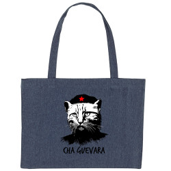 Grand sac shopping en toile recyclé bleu nuit Cha Guevara (Animaux,Humour,Chats,Les Bébêtes)