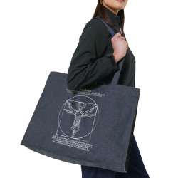 Grand sac shopping en toile recyclé bleu nuit Tractus Bouchonus Vitruve (Gondrax,Alcool,Musée,Homme de Vitruve)