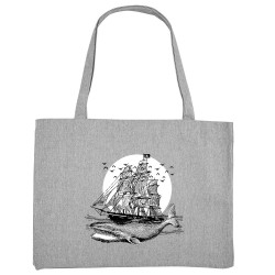 Grand sac shopping en toile recyclé gris chiné Whale Boat (Gondrax,Animaux,Têtes de morts)