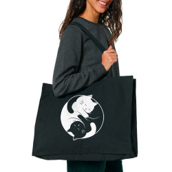 Grand sac shopping en toile recyclé noir Yin Yang Cat (Le Duc,Animaux,Chats)