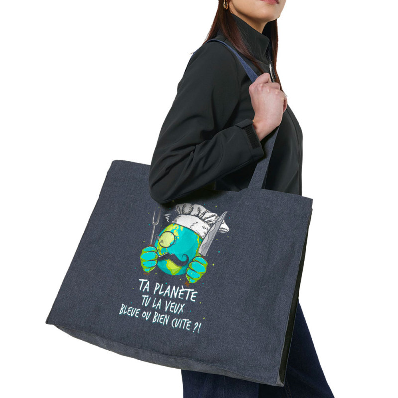 Grand sac shopping en toile recyclé bleu nuit Ta planète bleue ou bien cuite (Gondrax,Ecologie,Slogans Débiles)
