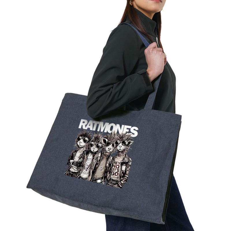 Grand sac shopping en toile recyclé bleu nuit Ratmones (Ramones) (Animaux,Détournements,Gondrax)