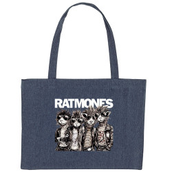 Grand sac shopping en toile recyclé bleu nuit Ratmones (Ramones) (Animaux,Détournements,Gondrax)