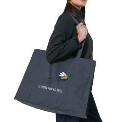 Grand sac shopping en toile recyclé bleu nuit Le fameux taon qui passe (Mr Mouton,Animaux,Humour)