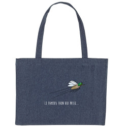 Grand sac shopping en toile recyclé bleu nuit Le fameux taon qui passe (Mr Mouton,Animaux,Humour)
