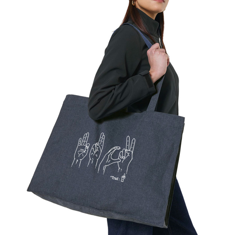 Grand sac shopping en toile recyclé bleu nuit Fuck langage des signes (Gondrax,Humour,Slogans Débiles,Devoirs de vacances)