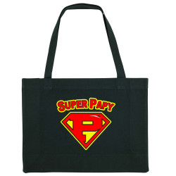Grand sac shopping en toile recyclé noir Super Papy (Gondrax,Humour,Détournements,Papa Maman Papy Mamie)